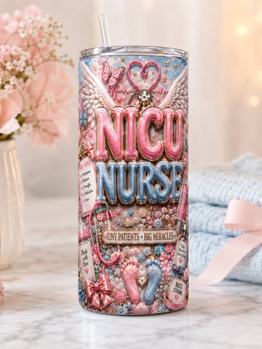 NICU Nurse 20oz Skinny Tumbler Tiny Patient Big Miracle Cups, Nurse Gift